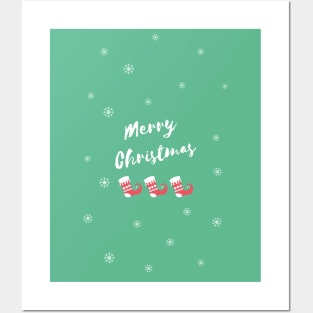 Merry Christmas Elf Shoes and Snowflakes on green Background Posters and Art